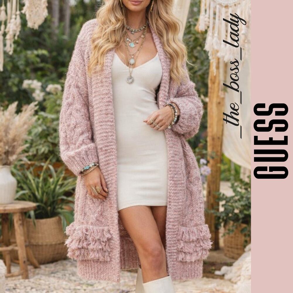 Guess cardigan sweater chunky oversized fringe western boho knit cozy Small